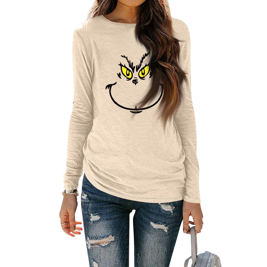 Women's Shirts Christmas Print Long Sleeve Round Neck Basic Loose Pullover Tee Top
