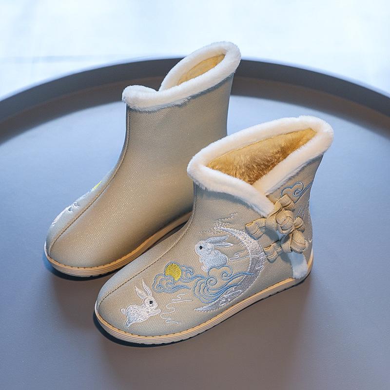 Детские хлопковые сапоги для девочек с вышитым кроликом 2024 года, детские зимние сапоги из теплого толстого плюша с мехом в китайском стиле