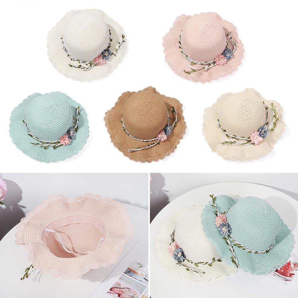 Cute Sun Beach Straw Weaving Girls Summer Hat Flower Sunshade Caps Wide Brim Hats Shoulder Bag