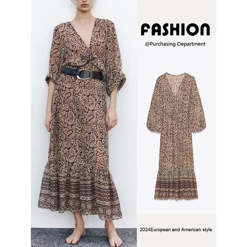 Za2025 Spring New Women's Clothing Elegant Laminated Decoration Printed V-neck Midi Skirt Dress 3564054 330