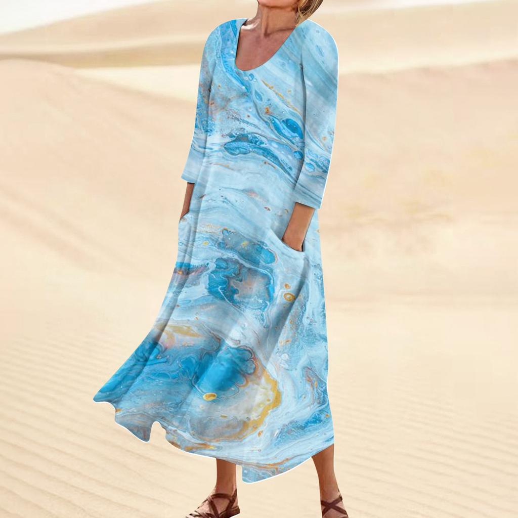 Женское повседневное модное удобное платье с карманами и рукавами 3/4 с принтом