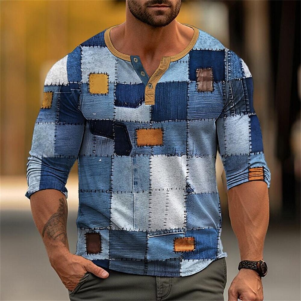 Осенняя рубашка-henley с блоками цвета и пэчворком, 3D-печать, мужская мода, винтажная, на пуговицах, с длинным рукавом, мужские футболки, топы, одежда