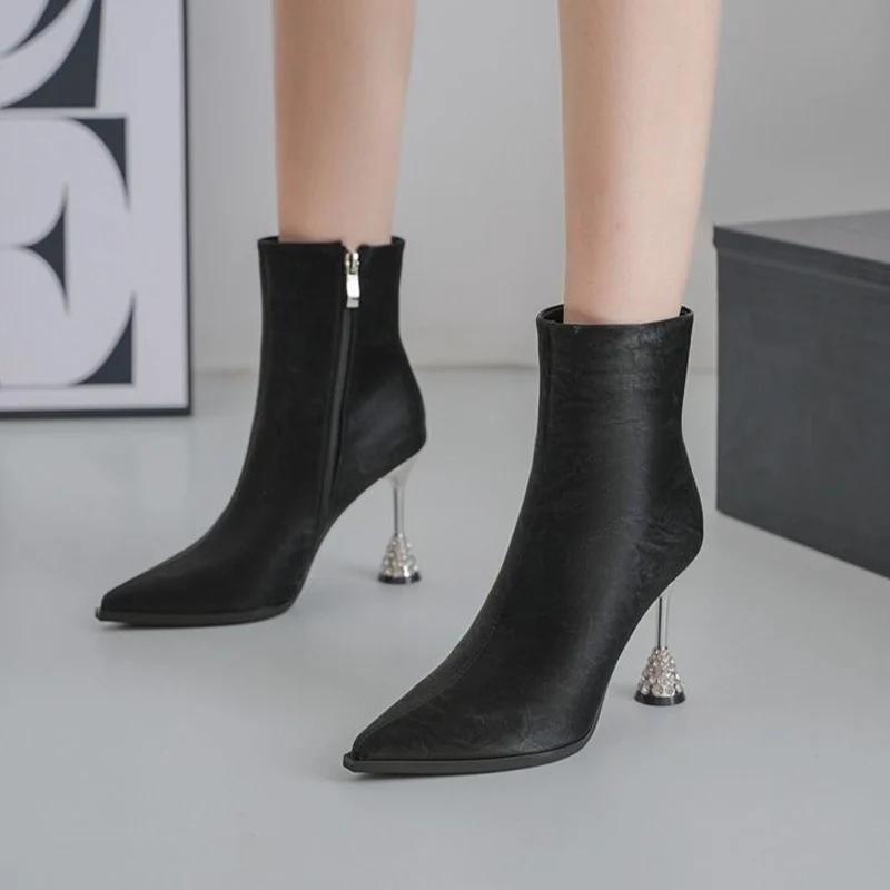 Женские ботильоны с острым носком, модные кожаные туфли на высоком каблуке 2025 года, тренд зимы, новый бренд, элегантные туфли-лодочки, дизайнерские Botas De Mujer