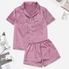 2 Pcs/Set Women Shirt Shorts Suit V Neck Lapel Short Sleeves Satin Solid Color Top Elastic Waist Short Trousers Homewear Loungewear OutfitLoungewear