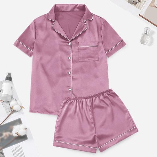2 Pcs/Set Women Shirt Shorts Suit V Neck Lapel Short Sleeves Satin Solid Color Top Elastic Waist Short Trousers Homewear Loungewear OutfitLoungewear
