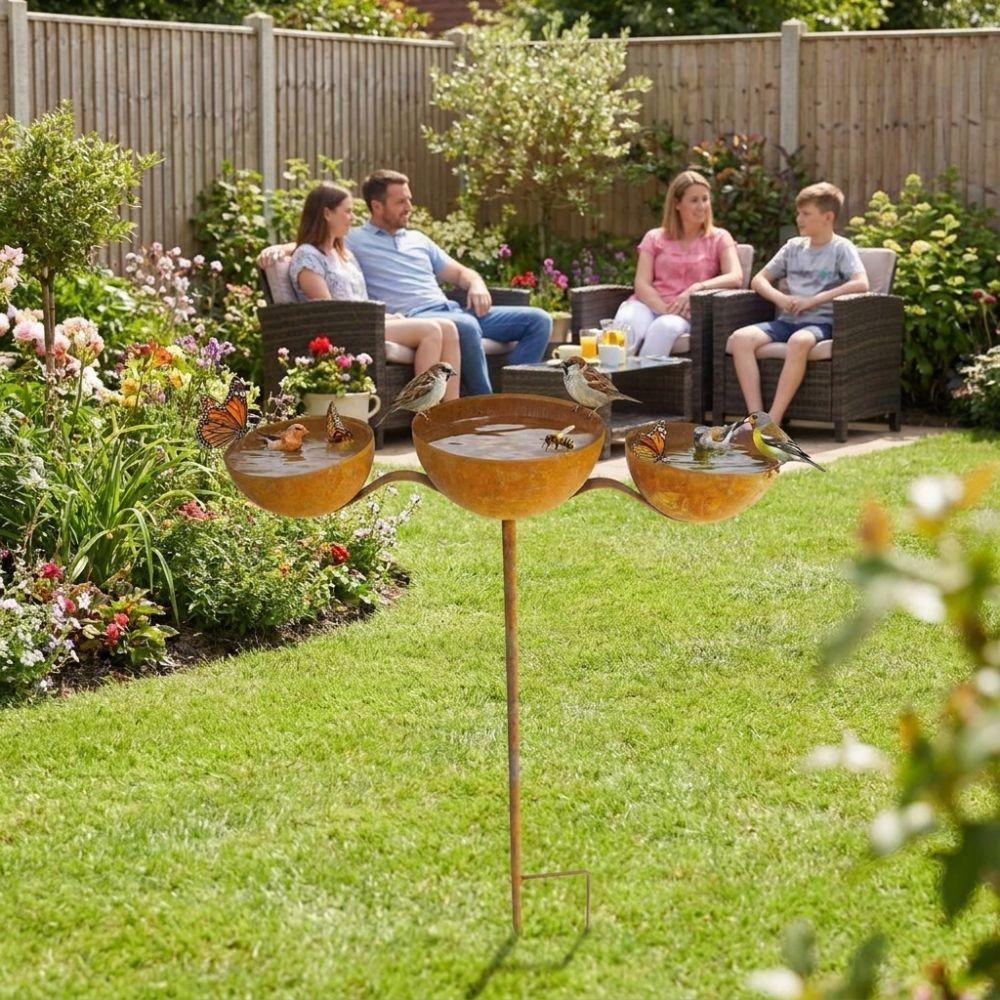 Rusted 3-Tiered Bird Bath Metal Bird Feeding Station Multi-Purpose Bird Water Bowls  Yard