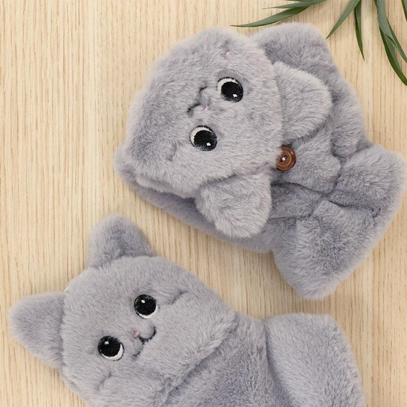 Женские плюшевые теплые перчатки с мехом милого кролика-кошки, варежки без пальцев, гибкие варежки с половиной пальцев