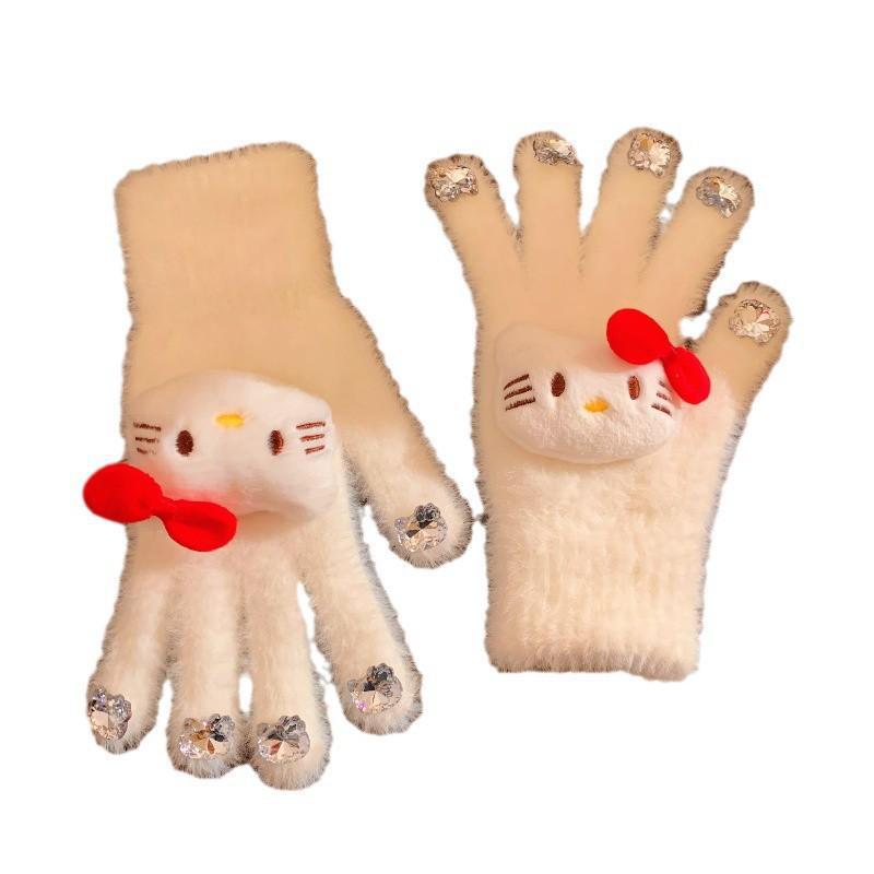 Перчатки с плюшевыми бриллиантами для кошек: Теплые перчатки с раздельными пальцами на осень/зиму для студентов и любителей верховой езды.