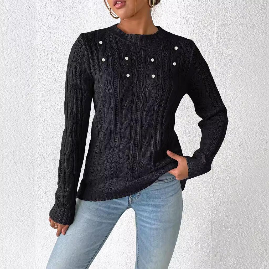 Women's Autumn and Winter Round Neck Pullover Simple Beaded Woven Sweater
