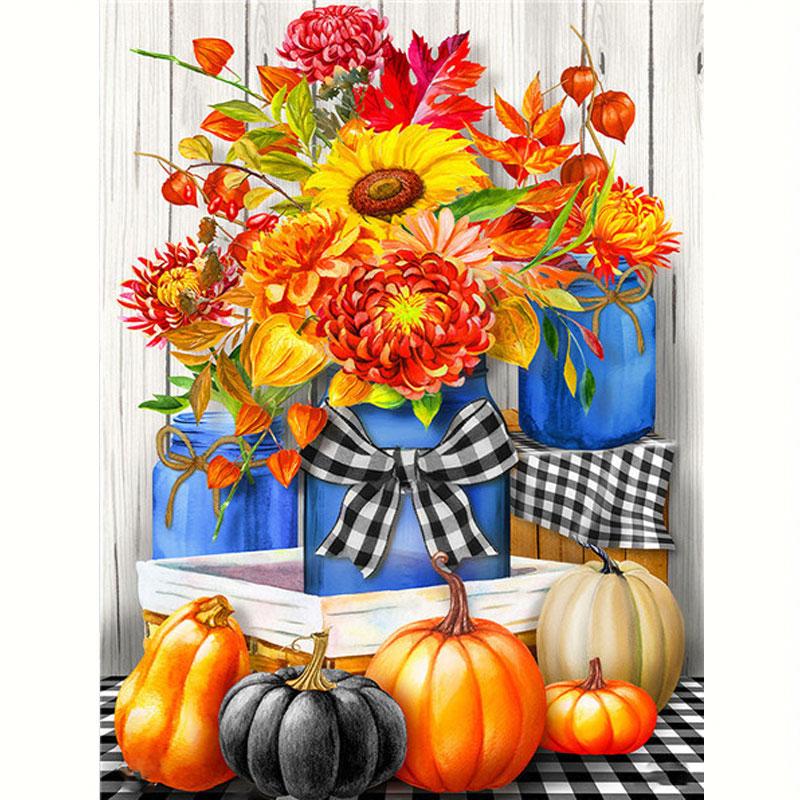 Full Round Diamond Painting Flower And Pumpkin Halloween Handmade 5d Diamond Kits Embroidery Cross Stitch For Adults 30x40cm/12x16inch