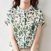 Элегантная модная блузка с круглым вырезом и принтом Женская одежда Корейская повседневная с коротким рукавом Женская однобортная шифоновая рубашка