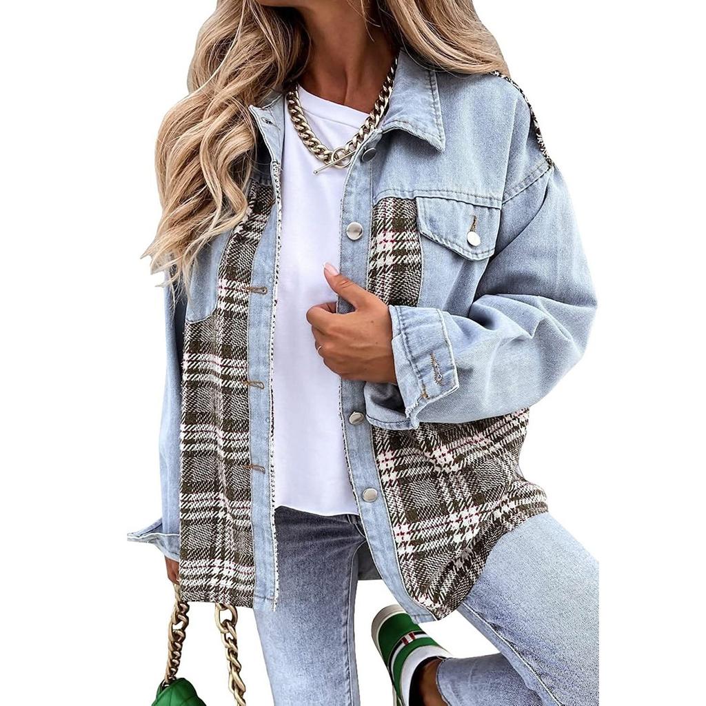 Женская куртка Джинсовая куртка с длинным рукавом в клетку Рубашка на пуговицах Куртка Топ