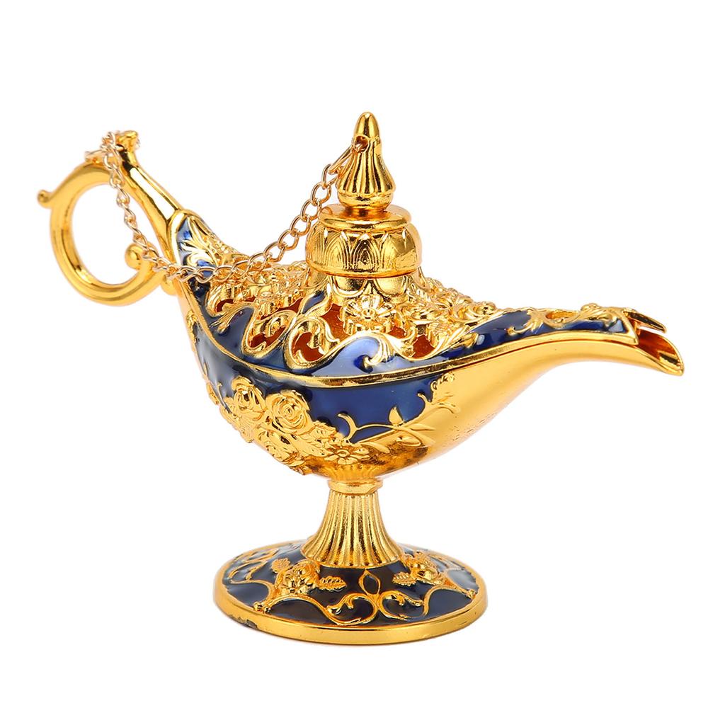Genie Lamp Vintage Decoration Collectable Rare Small Zinc Alloy Legend Genie Light Gold Sapphire Blue