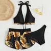 3 шт./компл. разделенное бикини с принтом листьев и бантом, трехсекционный тонкий купальник с открытой спиной для плавания