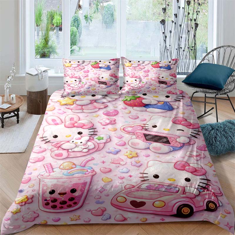 3D printed Hello Kitty duvet cover and pillowcase bedding set, available for single, double, and king-size beds, suitable for