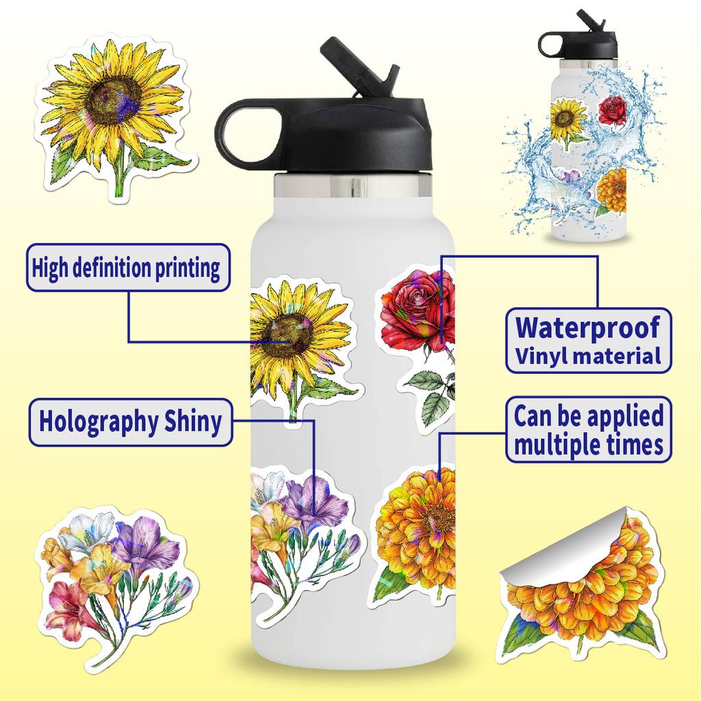 Цветочные наклейки 50 голографические блестящие для украшения подарков, ноутбуков, чемоданов, водонепроницаемые, лазерные наклейки