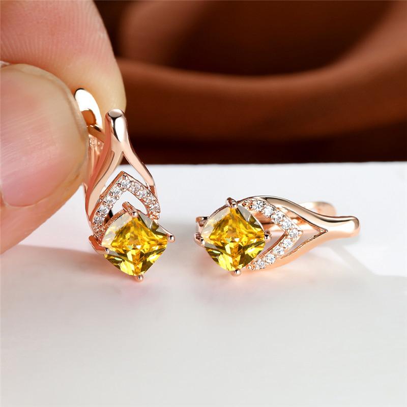 Delicate Golden Color Drop Earrings for Women Luxury Square Aqua Blue Zircon Accessories Best Gift Daily Jewelry
