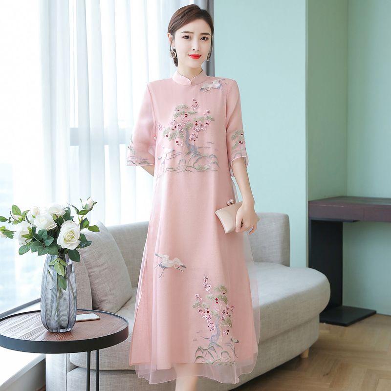 Женское улучшенное платье Cheongsam, элегантное длинное платье с вышивкой в ​​стиле ретро, ​​праздничное платье с цветочным принтом, китайская женская одежда высокого качества