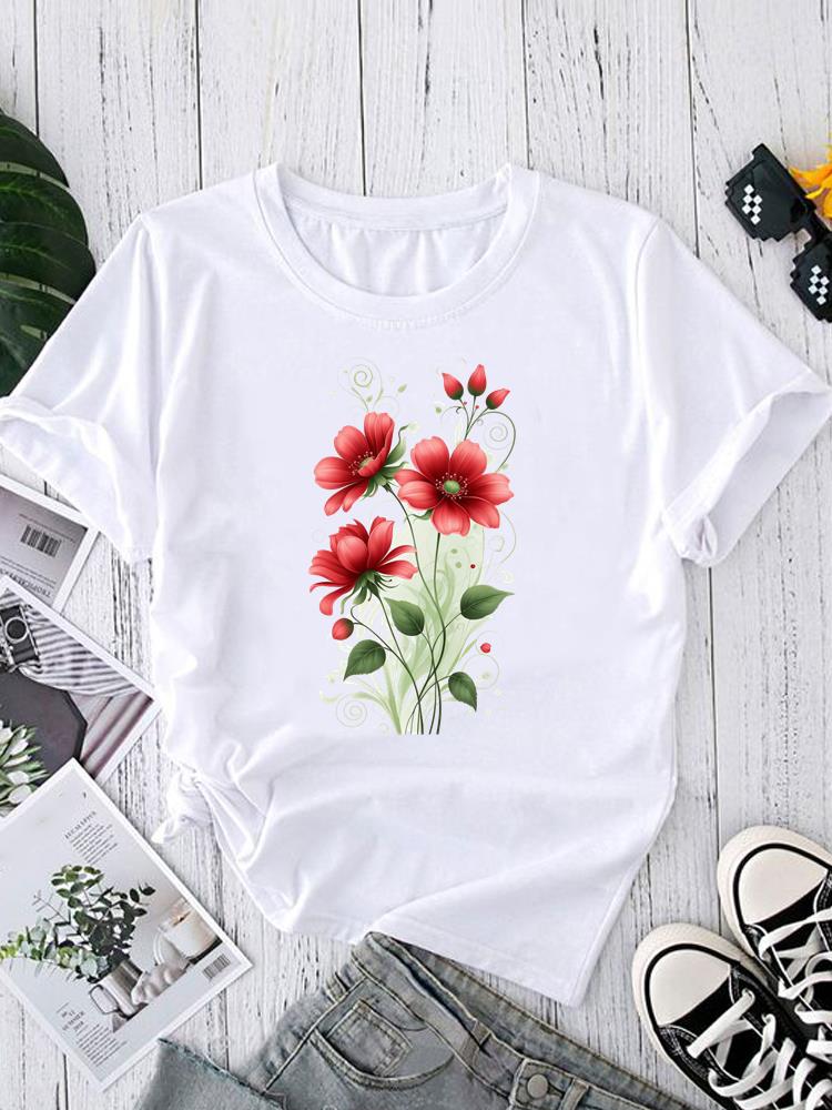 (Азиатский размер) Женский топ T-shirt тренд с перьями милый Принт Короткий рукав Футболки Мода Женский Повседневный Круглый вырез Графическая футболка