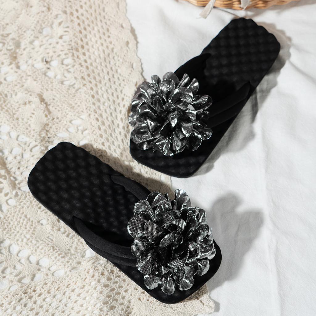 Европейские и американские женские летние шлепанцы с цветочным декором Macaron Dazzle Color Flat Bottom Beach Slippers Breathable