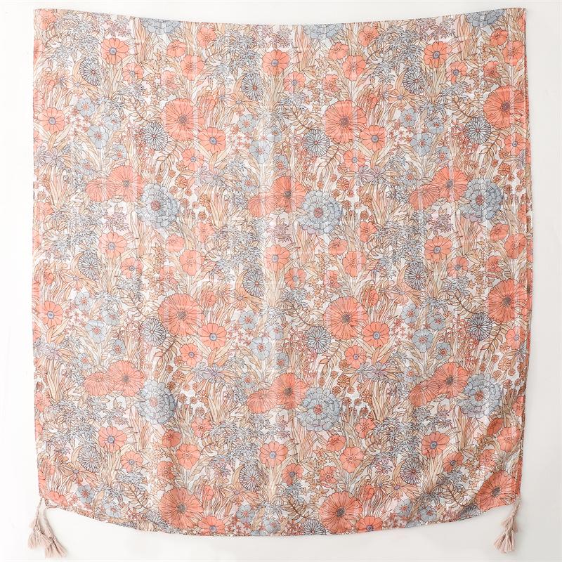 Yitao Soft Pink Floral Scarf - Cotton & Linen Feel with Silver Silk Accents, Fashionable Ladies' Shawl