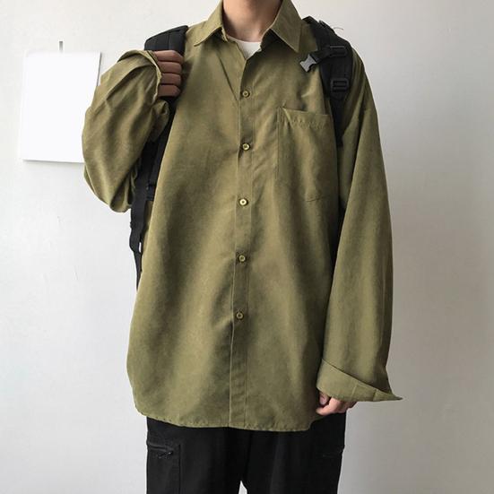 Мужская рубашка с лацканами, длинный рукав, однобортная рубашка, однотонный цвет, накладной карман, повседневная рубашка, свободный крой, удобная куртка