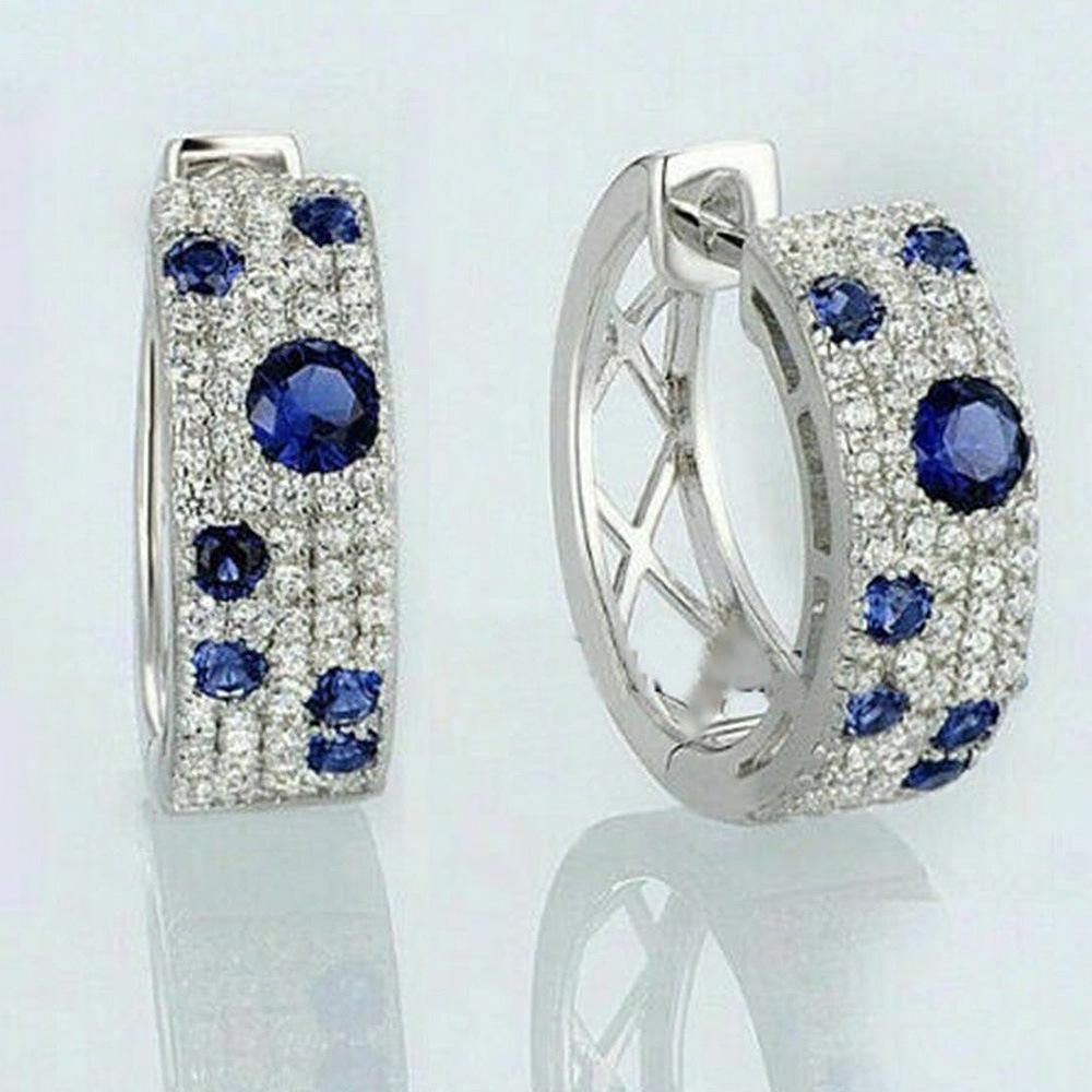 Cao Shi Korean Blue & White Zircon Diamond Earrings: Elegant Round Ear Buckles, Versatile Celebrity Style