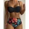 2Pcs/Set Women Bikini Set Pleated Bandeau Adjustable Straps Bra Briefs Set Solid Color High Waist Floral Swimwear Beachwear