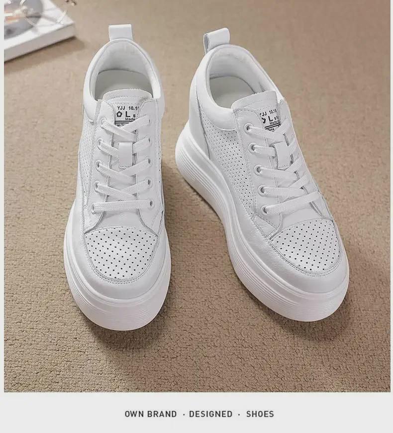 Весна/Лето 2024 Женские низкие белые кроссовки на танкетке 10 см