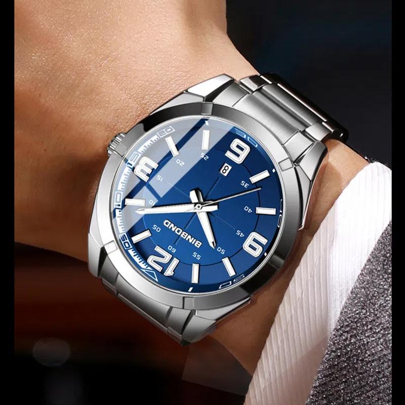 BINBOND Мужские часы Большие цифровые модные деловые водонепроницаемые календарные ночные светильники из нержавеющей стали кварцевые мужские часы мужской подарок