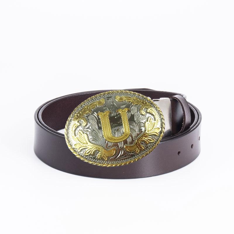 U-shaped Oval Plate Buckle Smooth Buckle Retro Style Cowhide Belt Whole Buffalo Leather Cutting Belt
