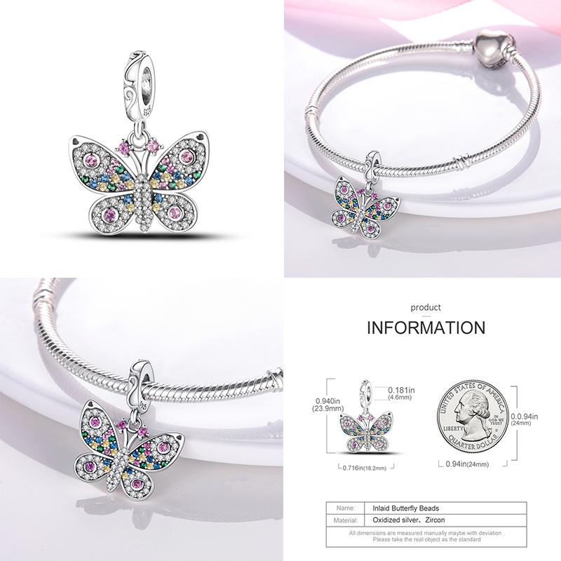925 Silver Charms BeadsClosely Inlaid Butterfly Pendant Fit Original Diy Bracelet Gift Women Party Diy