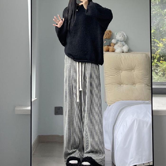 High-Quality Women's Retro Striped Wool Pants - Autumn/Winter Casual High-Waisted Slimming Straight-Leg with Wide-Leg Drape