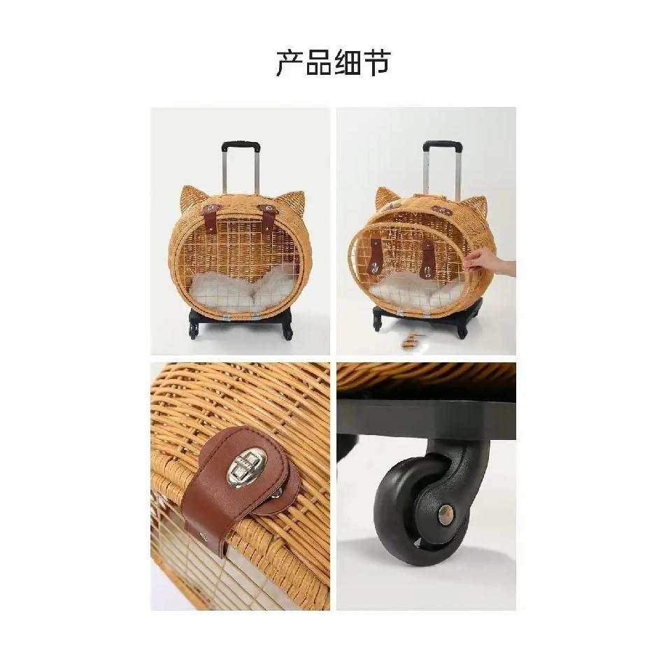 Rattan Woven Cat Ear Rolling Cat Carrier Breathable Escape-Proof Portable Large Capacity Pet Outdoor Travel Trolley for Cats New