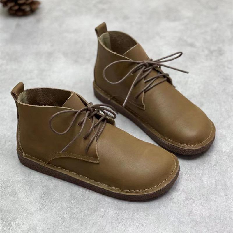 Ботинки из натуральной кожи ручной работы с круглым носком, плоские, женские туфли из коровьей кожи