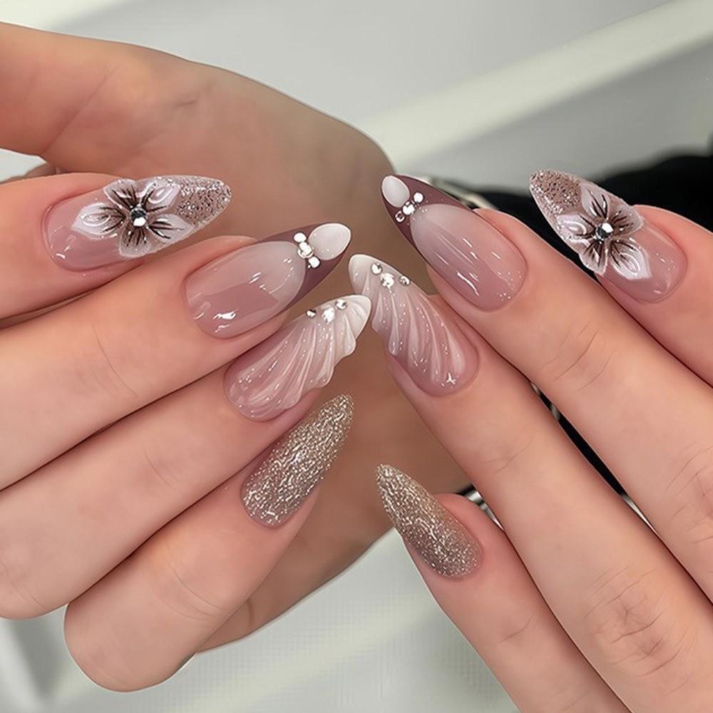 24pcs/set Detachable Press on Nails French Almond Fake Nail Tips New False Nail Women