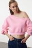 Women's Fashionable Stylish Sweatshirt Black Regular Fit Thick Inside Fleece Crop Asymmetrical Collar Knitted Sweatshirt