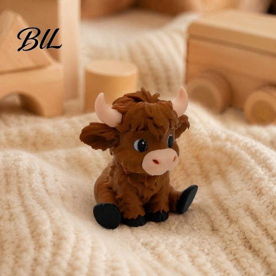 Unique Birthday Presents 3D Printed Highland Cow Figurines, Cartoon Sitting Sculpture, Cute Animal Novelty Gifts for Children Ornament Desk
