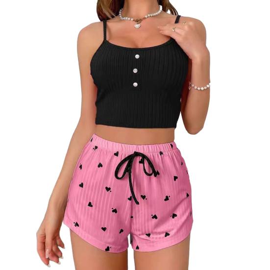 Women's Cami Pajama Set Summer Sleeveless Crop Top And Heart Print Shorts Sleepewear 2 Piece Ribbed Knit Pjs Lounge Set