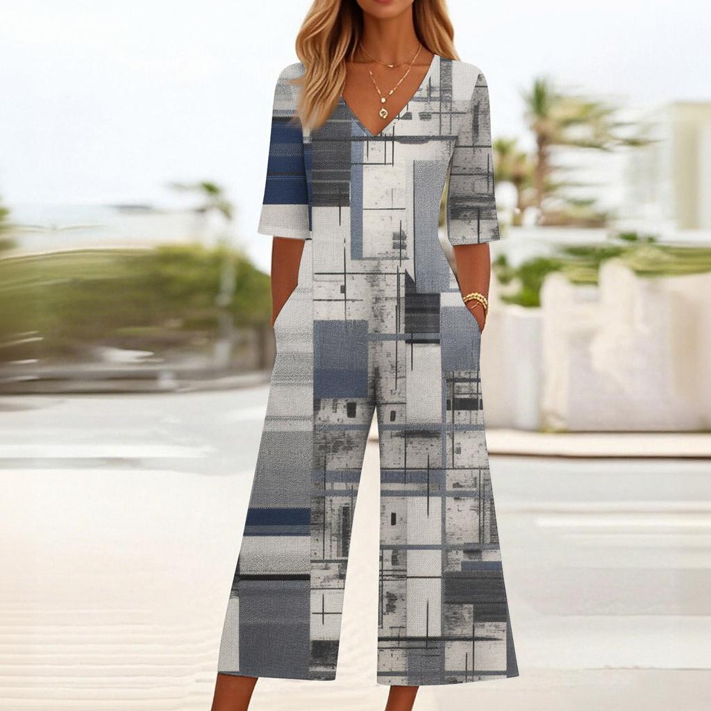 Женский свободный повседневный комбинезон с V-образным вырезом и принтом, облегающий комбинезон с широкими штанинами, комбинезон с широкими штанинами