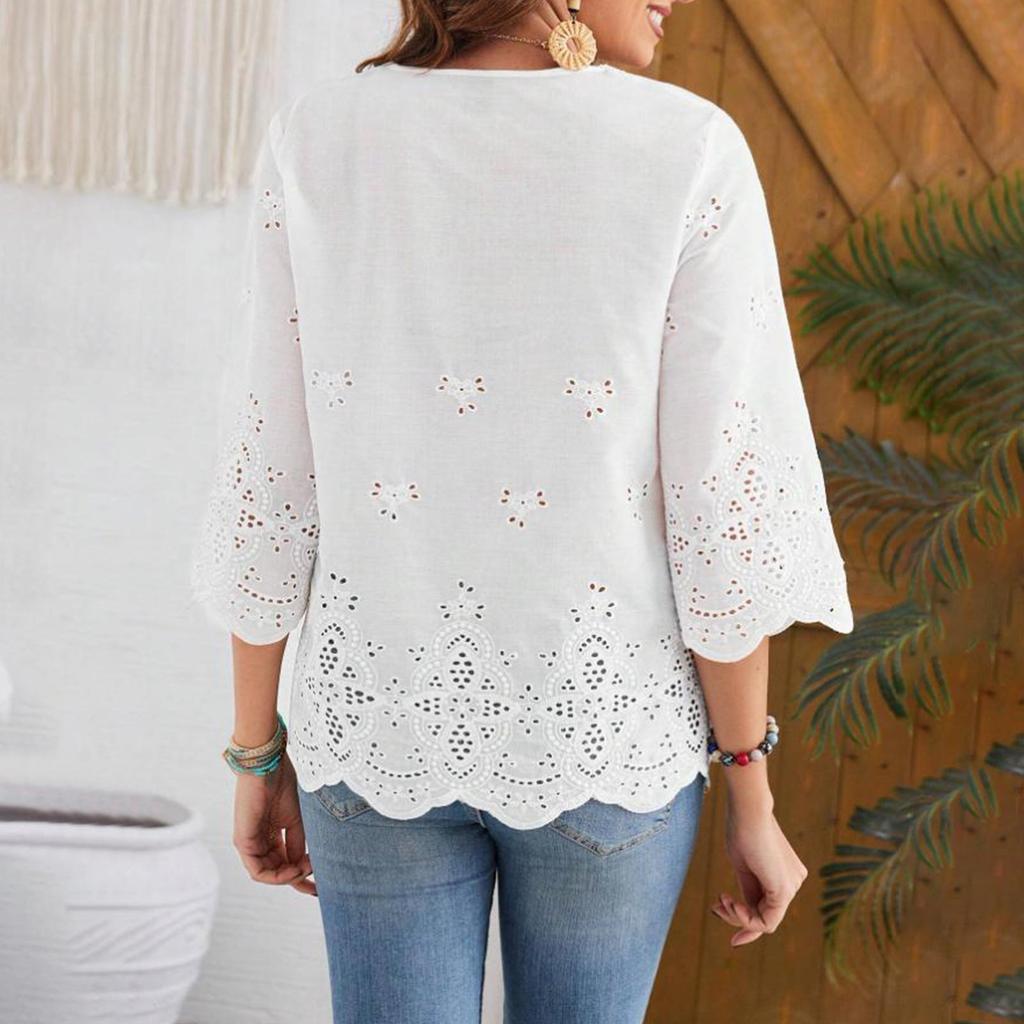 Женская модная и сексуальная блузка-пуловер с V-образным вырезом и рукавами три четверти, отделанная кружевом