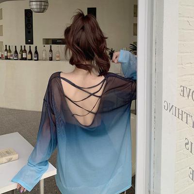 Рубашка с открытой спиной и защитой от солнца, женская, с длинными рукавами, летняя, свободная, с защитой от кондиционирования воздуха, топ из тонкой сетки
