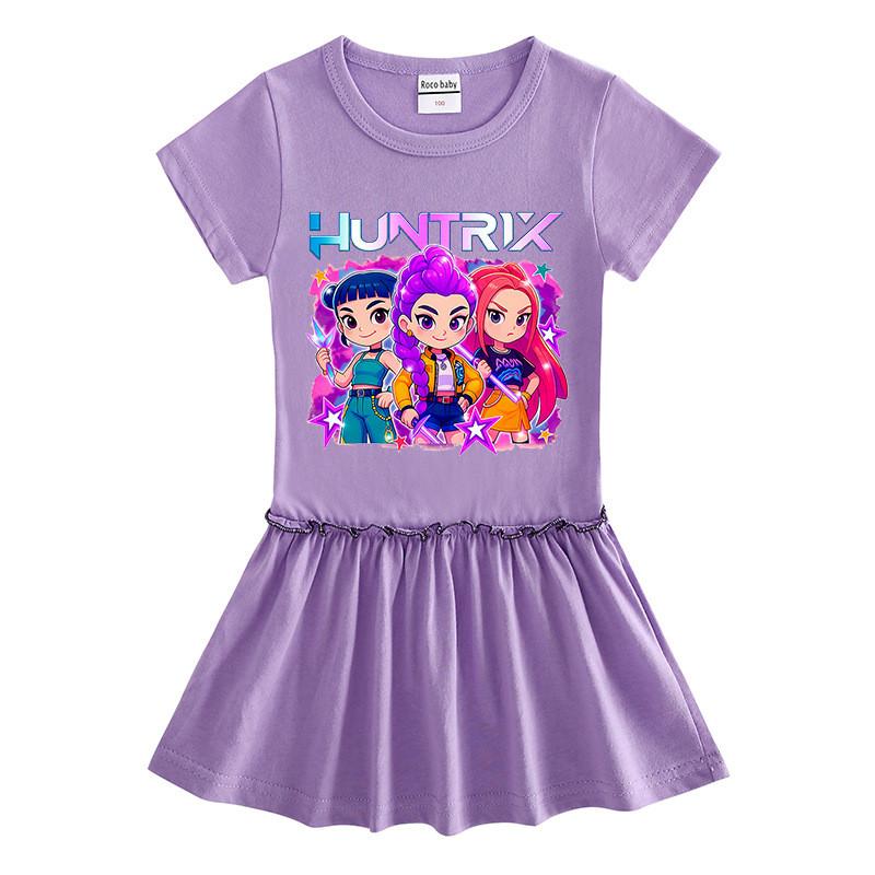Girls Kpop Rumi Mira Zoey Hunters Print Raglan Ruffle Pleat Dress