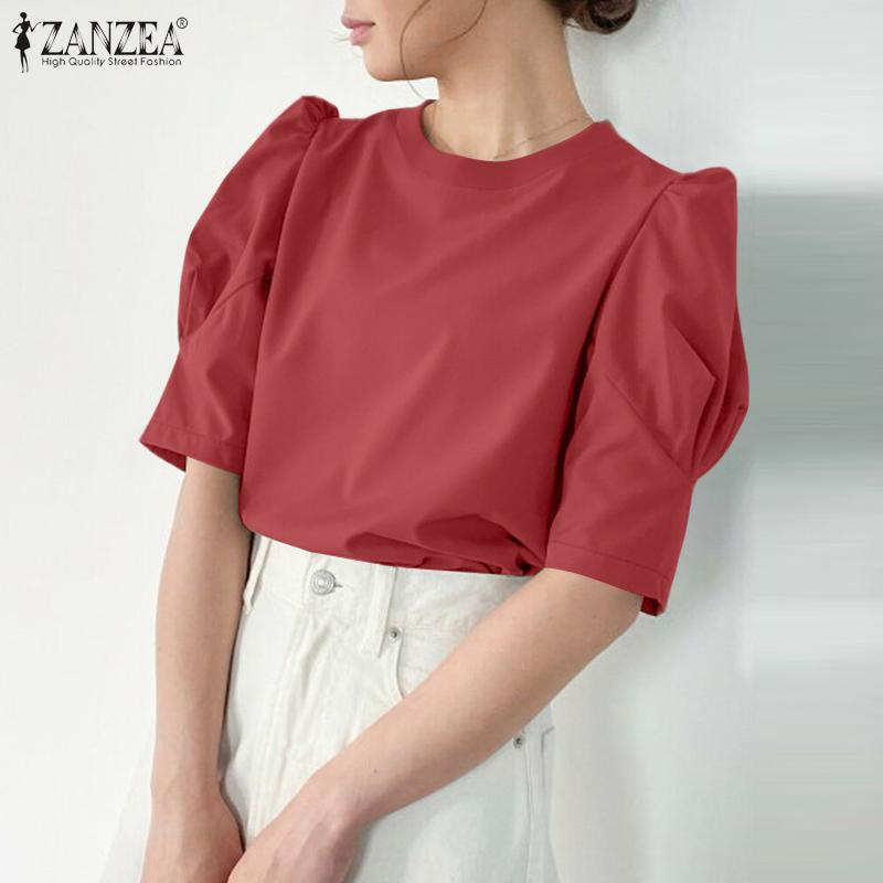 ZANZEA Женская повседневная летняя блузка с круглым вырезом и коротким рукавом