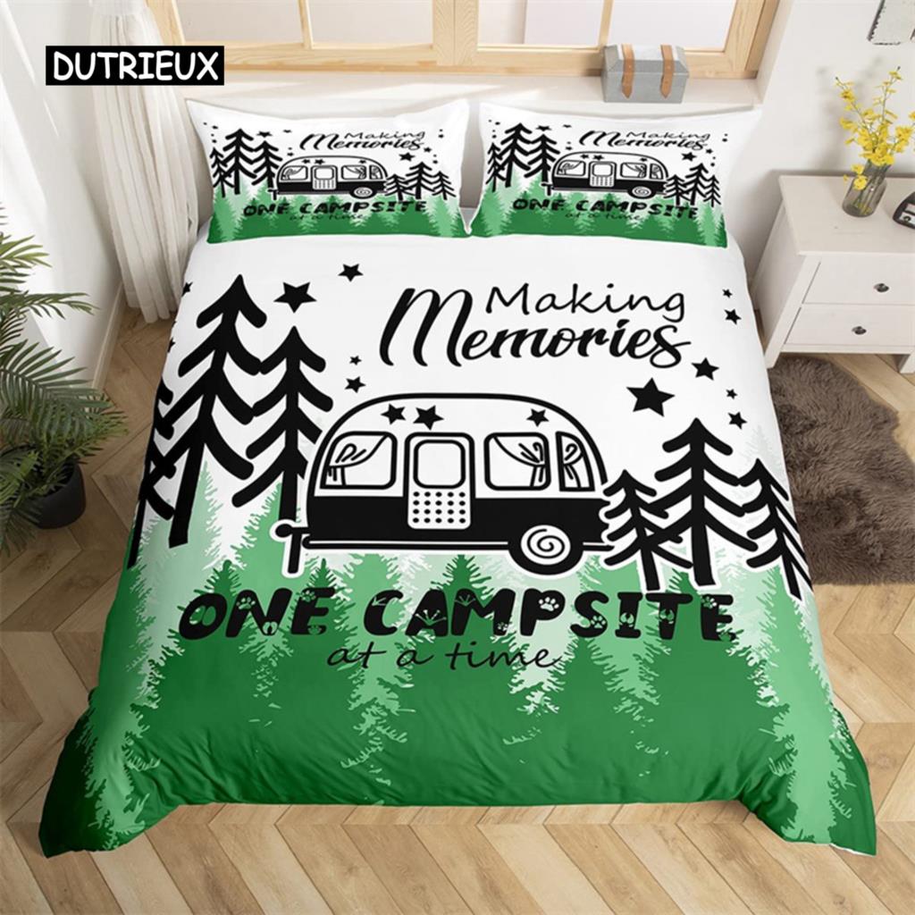 Пододеяльник в деревенском стиле с рисунком в виде эскиза, наволочка из полиэстера с рисунком Happy Camper, наволочка для пододеяльника в стиле старого амбара