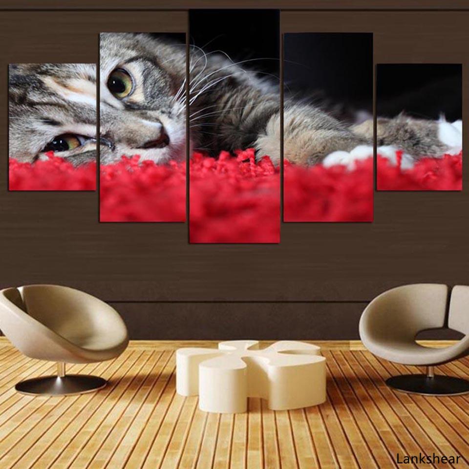 Современная картина HD напечатана на холсте 5 панелей прекрасный кот животное украшение дома постеры рамки гостиная настенные художественные фотографии