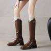 New Women's Leather Knight Boots Medium Heel Large Size Non-slip Rubber Sole Square Head Side Zipper Autumn and Winter Cowhide High Boots