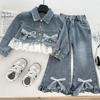 Girls' Korean-Style Lace Denim Jacket & Micro Flare Jeans Set for Autumn 2025