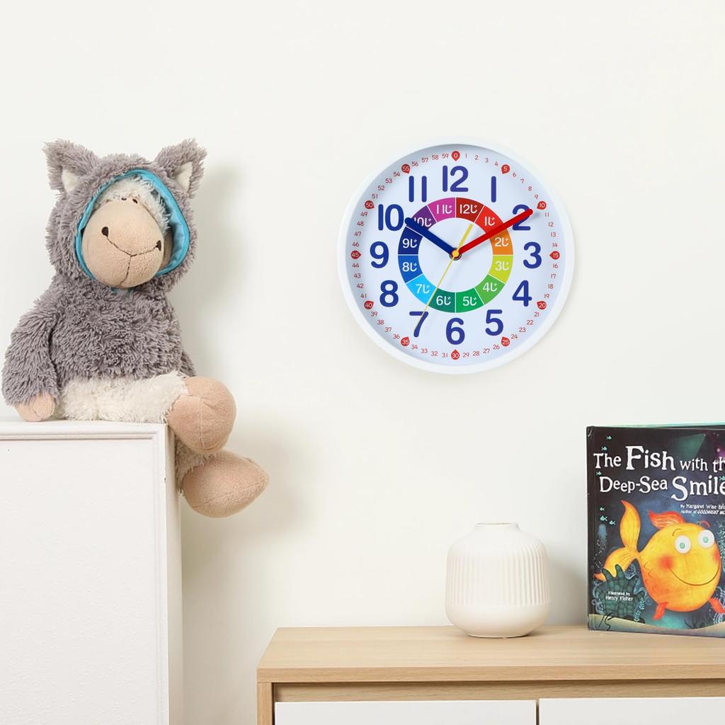 Nbdeal Образовательные настенные часы непрерывного второго диаметра с белым циферблатом и белой рамкой, часы, радиоуправляемые часы, стрелочные, тихие, 25 см, DB-887