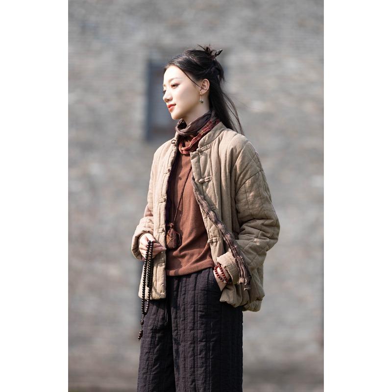 25 зимняя хлопково-льняная женская новая китайская ретро стеганая короткая хлопковая одежда женская дзен утолщенная льняная хлопковая одежда